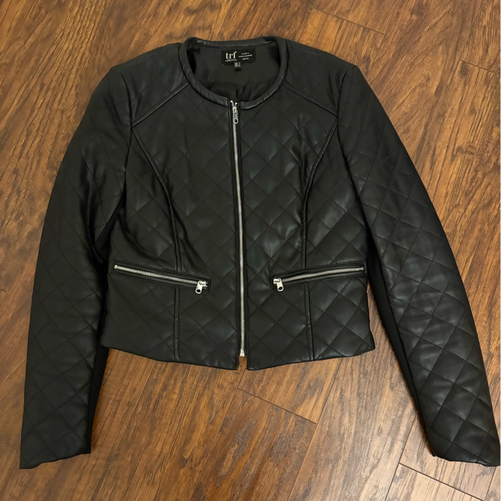 Zara Black Leather Quilted Moto Jacket with Silver Zippers